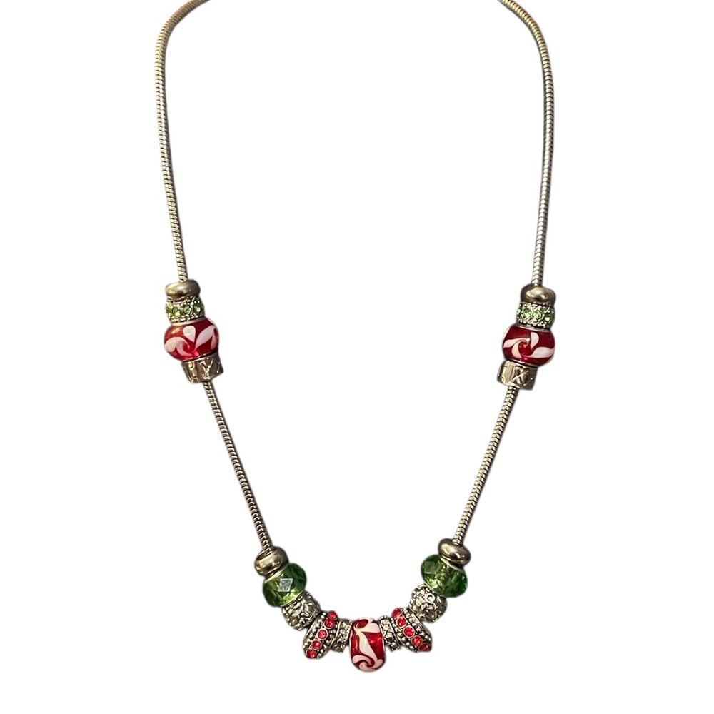 Festive Christmas Red & Green Blown Glass Beads & Rhinestone‎ Charm Necklace